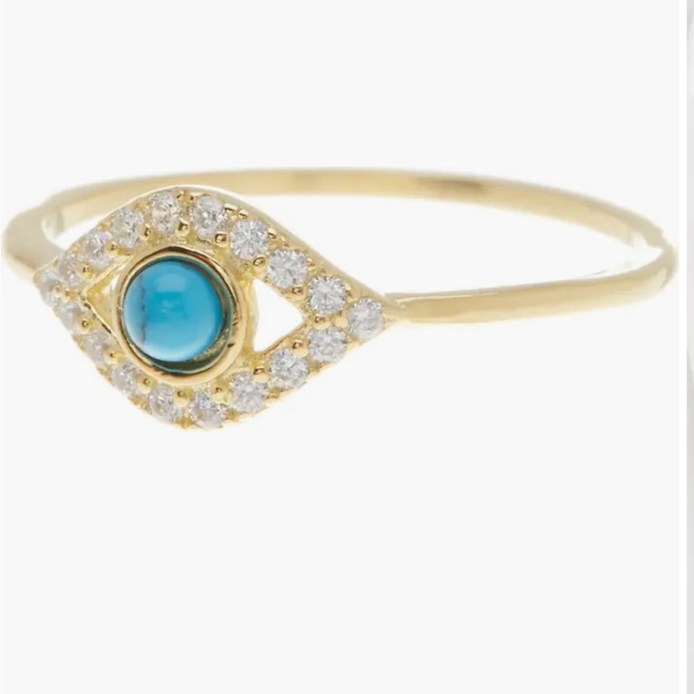 NWOT Adornia 14K Yellow Gold Plated Turquoise & Swarovski Evil Eye Ring, Size 9